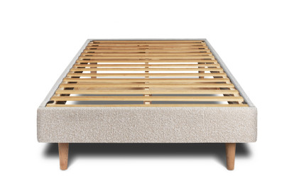 Lit 90x200 cm - Sommier à lattes H29 cm + tête de lit capitonnée - Tissu Bouclette Beige Clair
