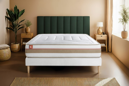 Pack lit complet 180x200 cm - Matelas + Sommier Blanc (en kit) + 2 oreillers + Couette - Le Tendre
