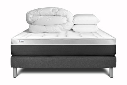 Pack lit complet 140x200 cm - Matelas + Sommier Gris (en kit) + 2 oreillers + Couette - Vital Soft
