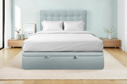 Lit coffre 200x200 cm avec Tête de lit capitonnée - Tissu Velours Gris Bleuté