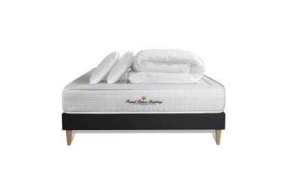 Pack lit complet 140x190 cm - Matelas + Sommier Noir + 2 oreillers + Couette - Balmoral