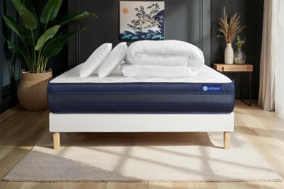 Pack lit complet 140x190 cm - Matelas + Sommier Blanc (en kit) + 2 oreillers + Couette - Actilatex Tech