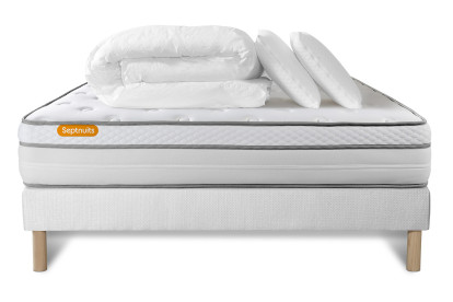 Pack lit complet 160x200 cm - Matelas + Sommier Blanc + 2 oreillers + Couette - Memo Luxe