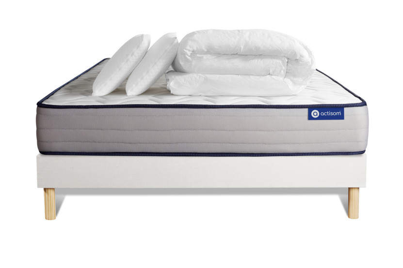 Pack lit complet 200x200 cm - Matelas + Sommier Blanc (en kit) + 2 oreillers + Couette - Actilatex Form
