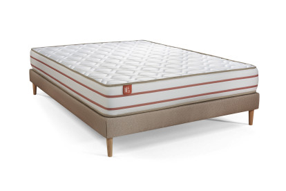 Pack lit complet 140x190 cm - Matelas + Sommier Beige (en kit) + 2 oreillers + Couette - Le Doux