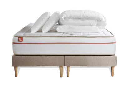 Pack lit complet 200x200 cm - Matelas + 2 Sommiers Beiges + 2 oreillers + Couette - Le Paisible
