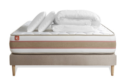 Pack lit complet 140x200 cm - Matelas + Sommier Beige (en kit) + 2 oreillers + Couette - Le Délicat