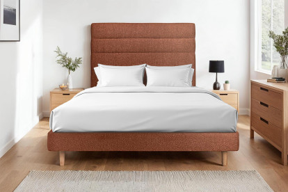 Lit 150x190 cm - Sommier à lattes H29 cm + tête de lit à lignes - Tissu Bouclette Terracotta