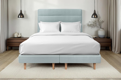 Lit 2x 100x200 cm - Sommier tapissier H29 cm + tête de lit à lignes - Tissu Velours Gris Bleuté