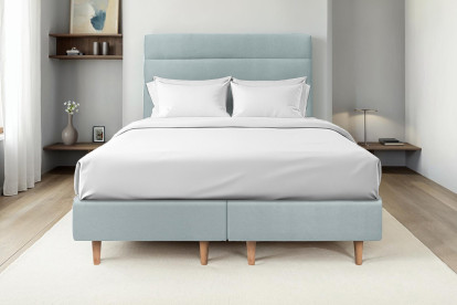 Lit 2x 100x200 cm - Sommier tapissier H35 cm + tête de lit à lignes - Tissu Velours Gris Bleuté