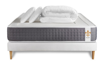 Pack lit complet 160x200 cm - Matelas + Sommier Blanc (en kit) + 2 oreillers + Couette - Vingt-Six