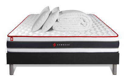 Pack lit complet 140x190 cm - Matelas + Sommier Noir + 2 oreillers + Couette - Energy