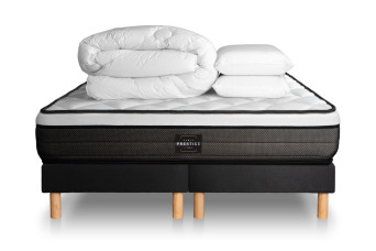 Pack lit complet 200x200 cm - Matelas + 2 Sommiers Noirs + 2 oreillers + Couette - Suite