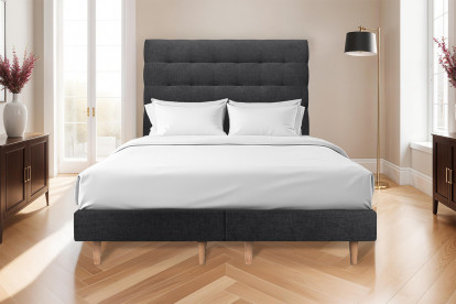Lit 2x 80x200 cm - Sommier tapissier H29 cm + tête de lit capitonnée - Tissu Toile natté Noir