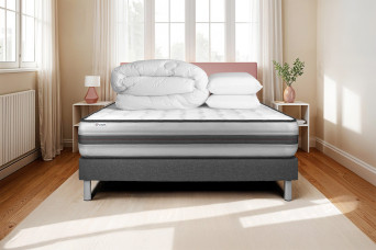 Pack lit complet 180x200 cm - Matelas + Sommier Gris (en kit) + 2 oreillers + Couette - Vitalpower Recover