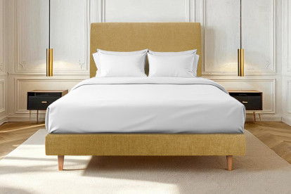 Lit 160x200 cm - Sommier tapissier H29 cm + tête de lit tapissée - Tissu Toile natté Jaune