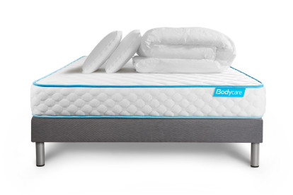 Pack lit complet 160x200 cm - Matelas + Sommier Gris + 2 oreillers + Couette - Bodyone