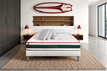 Pack lit complet 140x190 cm - Matelas + Sommier Blanc (en kit) + 2 oreillers + Couette - Energy