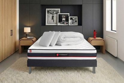 Pack lit complet 140x200 cm - Matelas + Sommier Noir (en kit) + 2 oreillers + Couette - Form