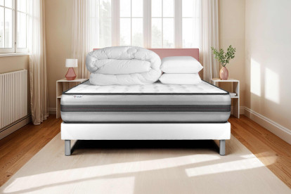 Pack lit complet 180x200 cm - Matelas + Sommier Blanc (en kit) + 2 oreillers + Couette - Vitalpower Recover