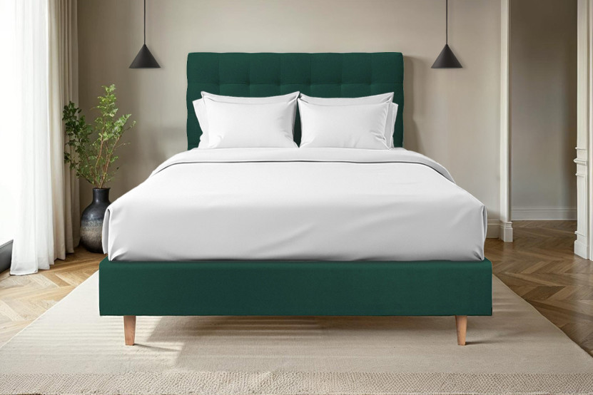 Lit 160x200 cm avec Tête de lit capitonnée - Tissu Velours Vert