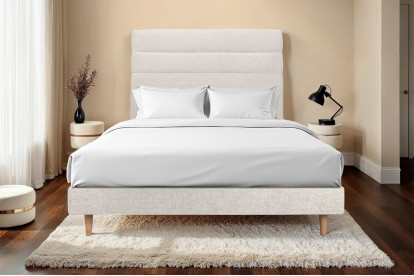 Lit 200x200 cm - Sommier à lattes H29 cm + tête de lit à lignes - Tissu Toile natté Beige Clair
