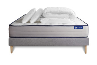 Pack lit complet 160x200 cm - Matelas + Sommier Gris (en kit) + 2 oreillers + Couette - Actiflex Form