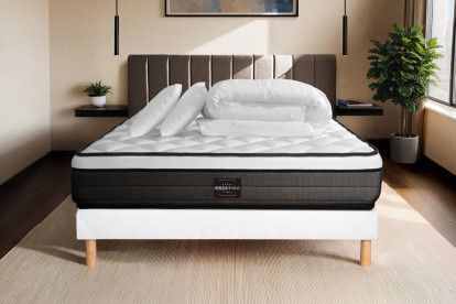 Pack lit complet 140x200 cm - Matelas + Sommier Blanc + 2 oreillers + Couette - Suite