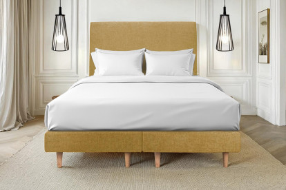 Lit 2x 90x200 cm - Sommier tapissier H29 cm + tête de lit tapissée - Tissu Toile natté Jaune