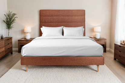 Lit 135x190 cm - Sommier tapissier H29 cm + tête de lit à lignes - Tissu Bouclette Terracotta