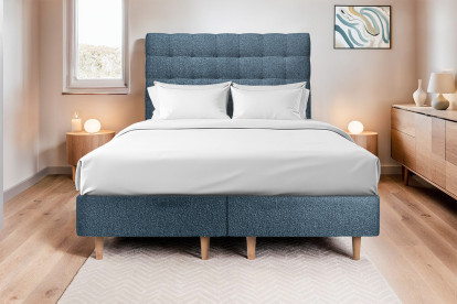Lit 2x 90x200 cm - Sommier tapissier H35 cm + tête de lit capitonnée - Tissu Bouclette Bleu