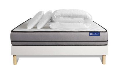 Pack lit complet 180x200 cm - Matelas + Sommier Blanc (en kit) + 2 oreillers + Couette - Actiflex Night