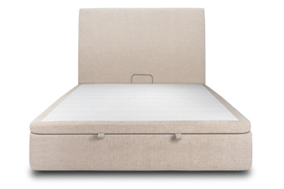 Lit coffre 140x200 cm avec Tête de lit tapissée - Tissu Toile natté Beige Brun