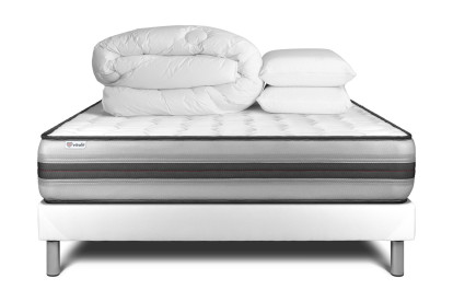 Pack lit complet 140x200 cm - Matelas + Sommier Blanc (en kit) + 2 oreillers + Couette - Vitalpower Recover