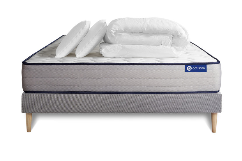 Pack lit complet 200x200 cm - Matelas + Sommier Gris (en kit) + 2 oreillers + Couette - Actimemo Form