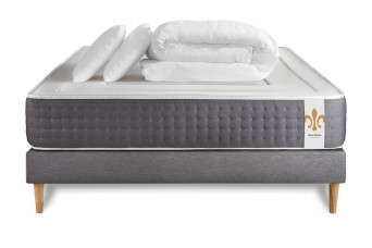 Pack lit complet 140x200 cm - Matelas + Sommier Gris (en kit) + 2 oreillers + Couette - Vingt-Six