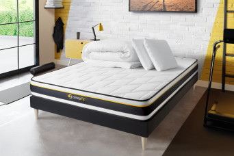Pack lit complet 140x190 cm - Matelas + Sommier Noir (en kit) + 2 oreillers + Couette - Soft Pack lit complet 140x190 cm - Matelas + Sommier Noir (en kit) + 2 oreillers + Couette - Soft