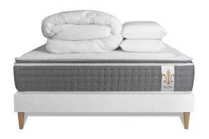Pack lit complet 140x190 cm - Matelas + Sommier Blanc (en kit) + 2 oreillers + Couette - Vingt-Six PLUS