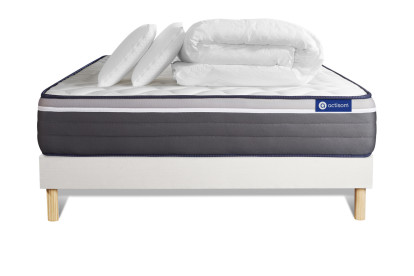 Pack lit complet 140x200 cm - Matelas + Sommier Blanc (en kit) + 2 oreillers + Couette - Actilatex Plus
