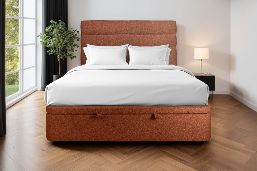 Lit coffre 200x200 cm avec Tête de lit à lignes - Tissu Bouclette