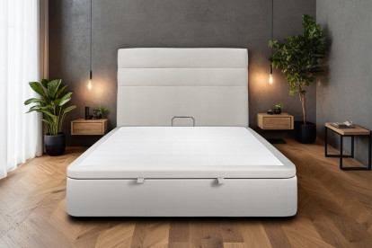 Lit coffre 200x200 cm avec Tête de lit à lignes - Tissu Velours Gris Clair