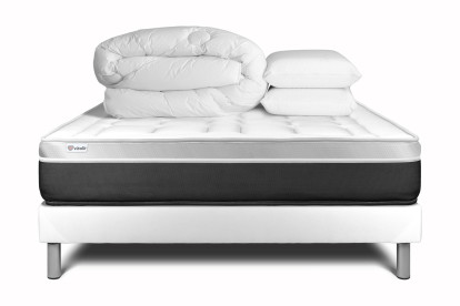 Pack lit complet 200x200 cm - Matelas + Sommier Blanc (en kit) + 2 oreillers + Couette - Vital Soft