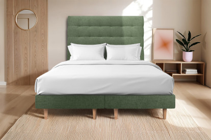 Lit 2x 90x200 cm - Sommier tapissier H29 cm + tête de lit capitonnée - Tissu Toile natté Vert Kaki