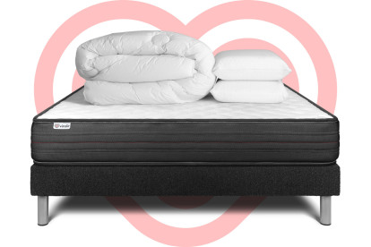 Pack lit complet 180x200 cm - Matelas + Sommier Noir (en kit) + 2 oreillers + Couette - Vitalpower