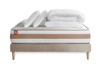 Pack lit complet 200x200 cm - Matelas + Sommier Beige (en kit) + 2 oreillers + Couette - Le Tendre