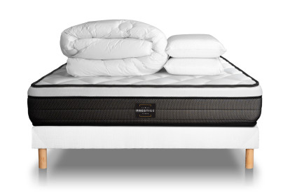 Pack lit complet 140x200 cm - Matelas + Sommier Blanc (en kit) + 2 oreillers + Couette - Suite