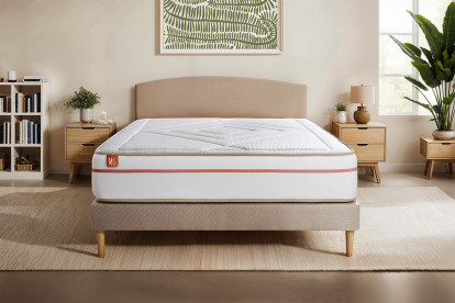 Pack lit complet 160x200 cm - Matelas + Sommier Beige (en kit) + 2 oreillers + Couette - Le Paisible
