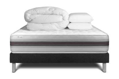 Pack lit complet 140x200 cm - Matelas + Sommier Noir (en kit) + 2 oreillers + Couette - Vitalmemo Back