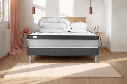 Pack lit complet 180x200 cm - Matelas + Sommier Gris (en kit) + 2 oreillers + Couette - Vital Ergo
