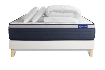 Pack lit complet 200x200 cm - Matelas + Sommier Blanc (en kit) + 2 oreillers + Couette - Actiflex Max